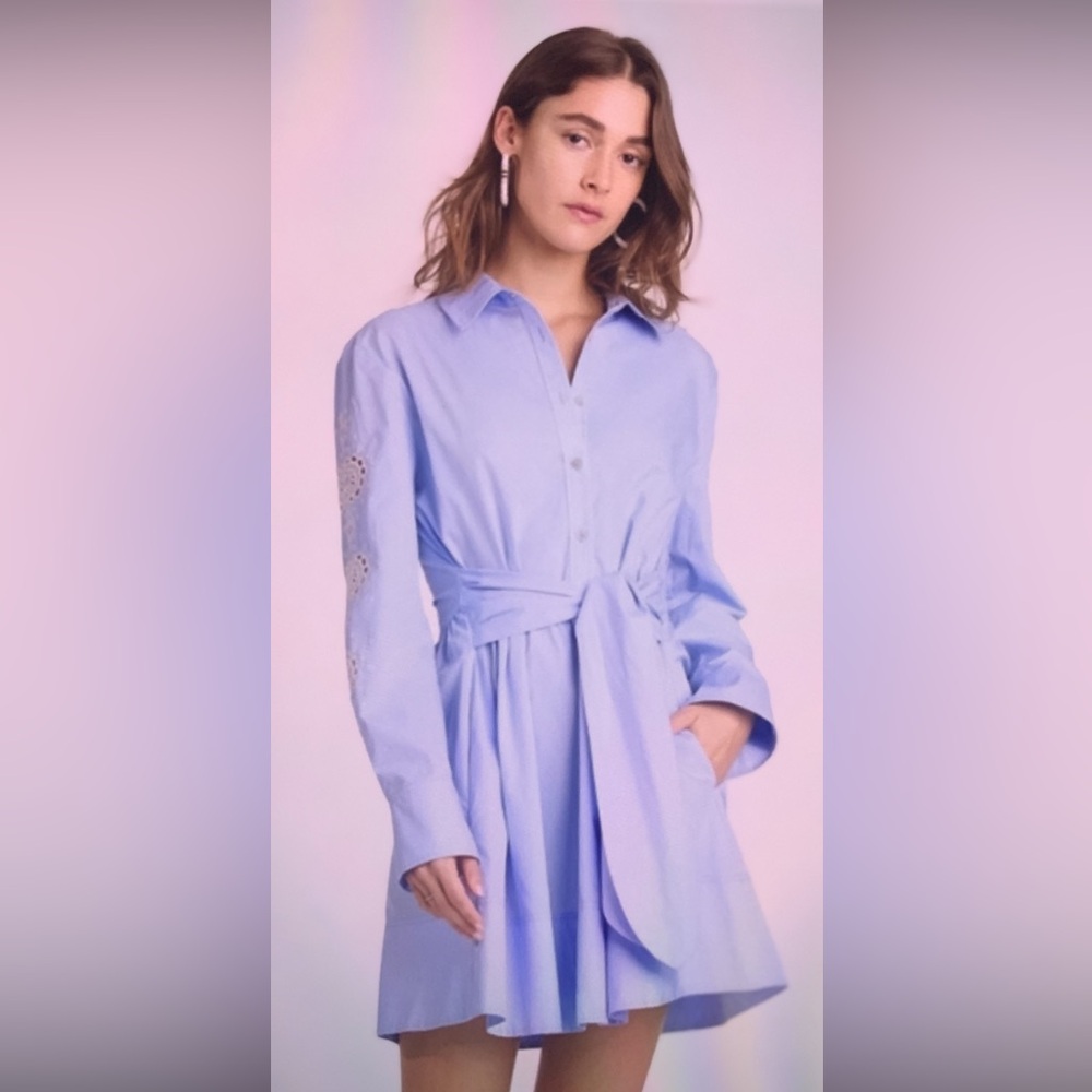 Tanya Taylor Maddy Sky Blue Long Embroidered Sleeve Dress Size 8